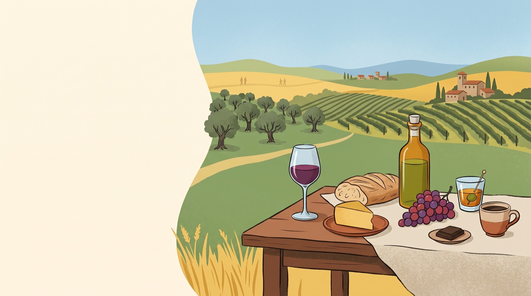 Il·lustració d'un paisatge català amb vinyes, oliveres i camps de blat, i una taula amb una copa de vi, pa, formatge, oli, raïm, vermut, xocolata i cafè.